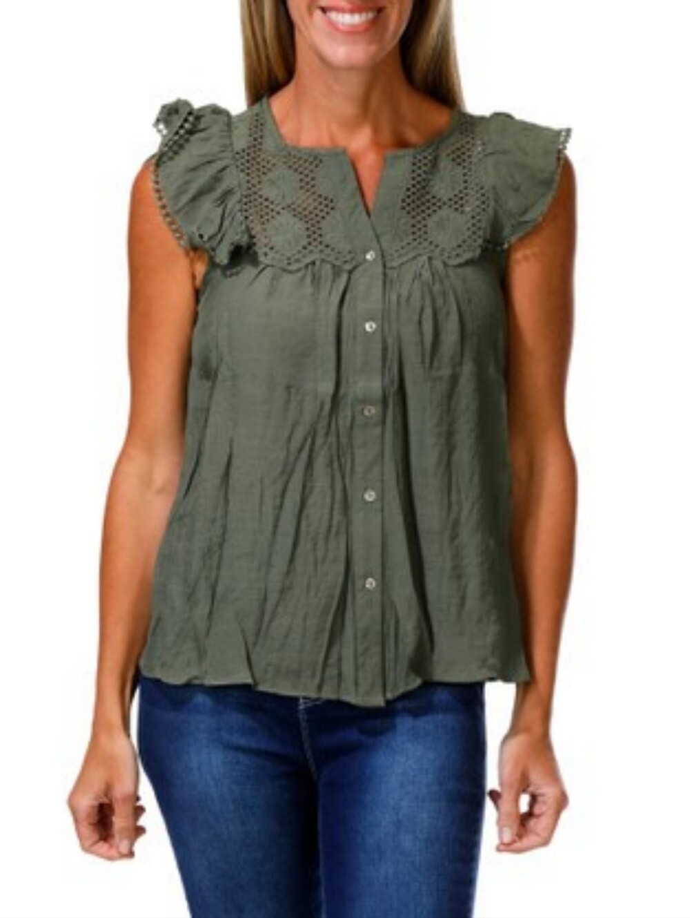 NWT- Nanette Lepore Eyelet Flutter-Sleeve Button Front Tunic